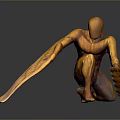 Orange Humanoid Decorative Sculpture With Wings In Crouching Pose On Smooth Surface