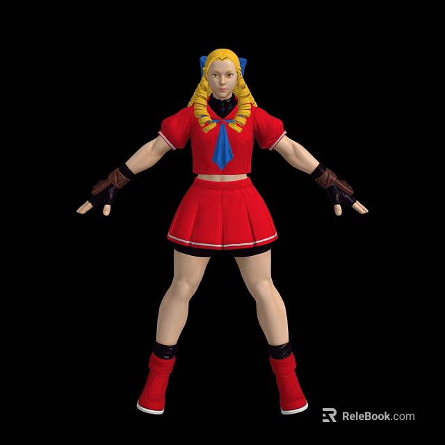 Woman With Blonde Pigtails Blue Bow Tie Red Outfit Brown Gloves And Red Boots 3d model 