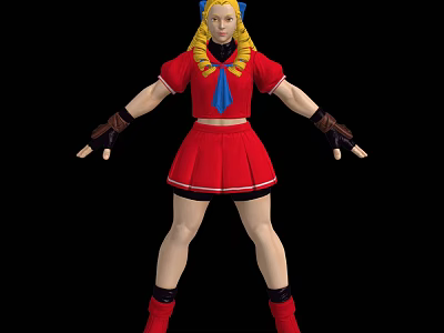Woman With Blonde Pigtails Blue Bow Tie Red Outfit Brown Gloves And Red Boots 3d model