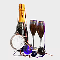 Elegant Champagne Bottle With Gold Decorations Two Wine Glasses Pocket Watch And Purple Decorative Balls