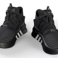 Pair Of Black Sports Shoes With White Stripes And Modern Design