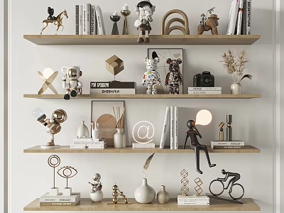 Decorative Ornament Combinations on Multi Layer Wooden Shelves with Animal Figurines Geometric Shapes and Books 3d model