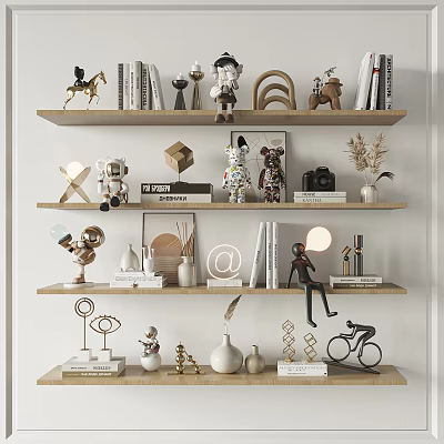 Decorative Ornament Combinations on Multi Layer Wooden Shelves with Animal Figurines Geometric Shapes and Books 3d model