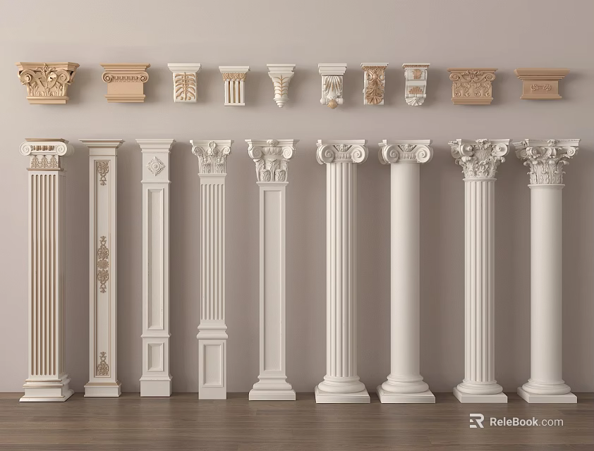 Different Styles of Classical Columns with Ornate Capitals and Fluted Details for Interior Decoration 3d model 