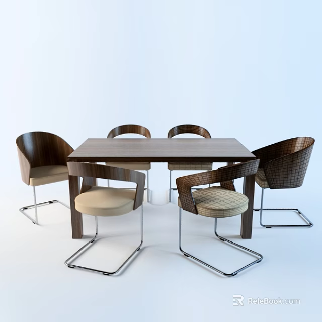 Modern Wooden Dining Table Set With Woven Backrest Chairs And Metal Legs 3d model 