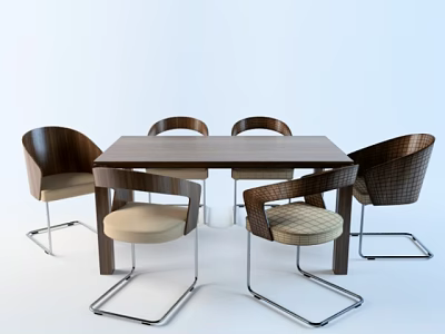 Modern Wooden Dining Table Set With Woven Backrest Chairs And Metal Legs 3d model