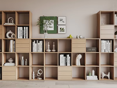 Wooden Modular Bookcase Interior With Books Decorative Vases Sculptures And Green Plants 3d model