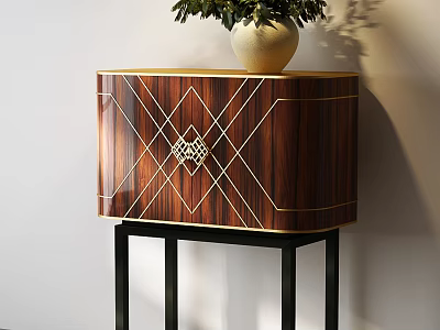 Elegant Entryway Console Cabinet With Wooden Texture Geometric Golden Trim And Top Vase Green Plant 3d model