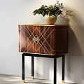 Elegant Entryway Console Cabinet With Wooden Texture Geometric Golden Trim And Top Vase Green Plant