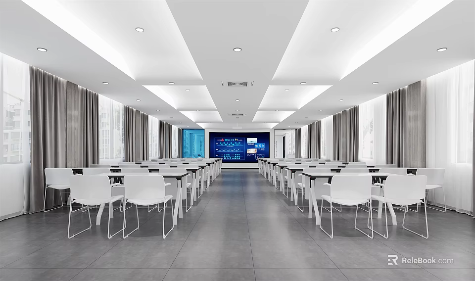 Modern Conference Room Interior Design With Long Tables White Chairs And Large Screen 3d model 