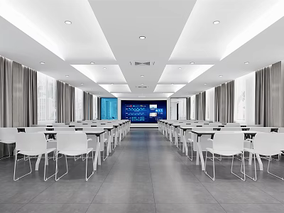 Modern Conference Room Interior Design With Long Tables White Chairs And Large Screen 3d model