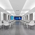 Modern Conference Room Interior Design With Long Tables White Chairs And Large Screen