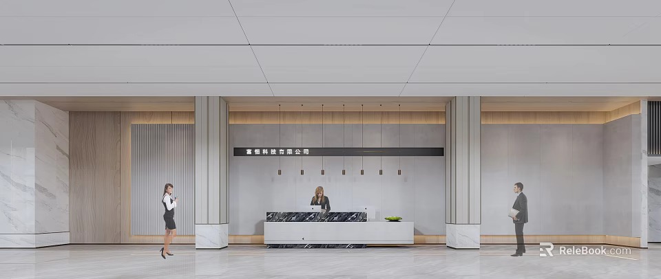 Modern Office Reception Area With Marble Desk Hanging Lights And Staff 3d model 