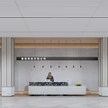 Modern Office Reception Area With Marble Desk Hanging Lights And Staff