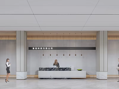 Modern Office Reception Area With Marble Desk Hanging Lights And Staff 3d model