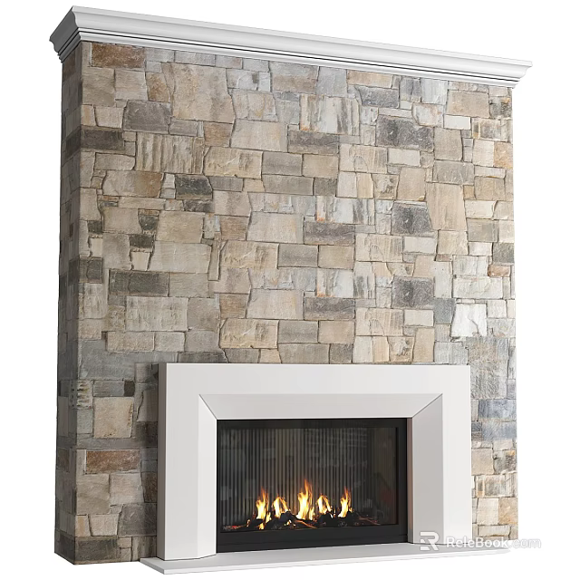 Natural Stone Wall Fireplace With White Frame And Burning Flames 3d model 