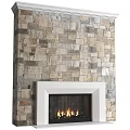 Natural Stone Wall Fireplace With White Frame And Burning Flames