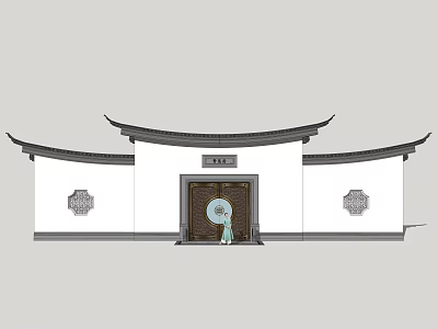 Chinese Traditional Scenic Wall with Curved Eaves Wooden Door Circular Lattice and Costume Figure 3d model