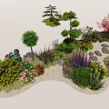 Beautiful Garden Landscape With Various Bushes Colorful Flowers And Stone Pathway