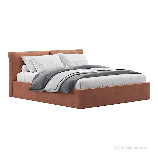 Double Bed with Brown Upholstered Headboard and White Gray Bedding Pillows 3d model