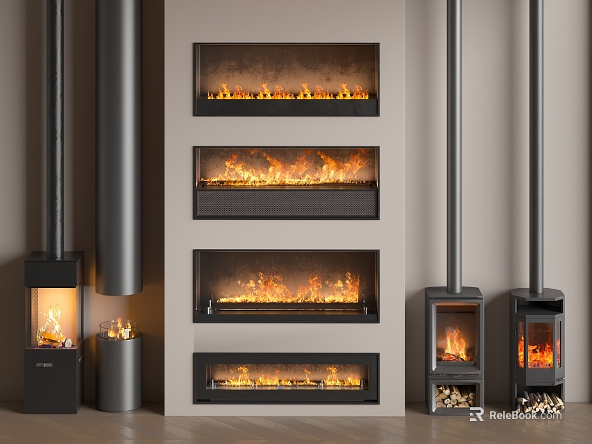 Modern Fireplace Collection Featuring Multiple Styles Built in and Freestanding With Burning Flames 3d model 