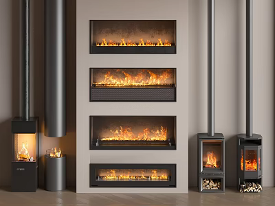 Modern Fireplace Collection Featuring Multiple Styles Built in and Freestanding With Burning Flames 3d model