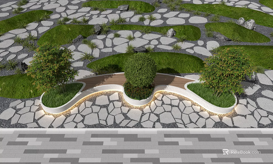 Modern Curved Landscape Seat With Green Plants Stone Paved Ground And Lighting 3d model 