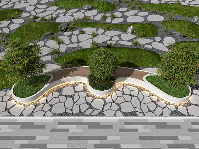 Modern Curved Landscape Seat With Green Plants Stone Paved Ground And Lighting 3d model