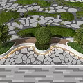 Modern Curved Landscape Seat With Green Plants Stone Paved Ground And Lighting