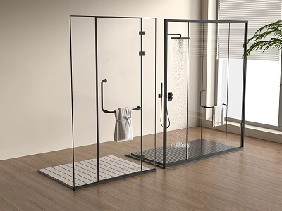 Shower Sauna Interior With Glass Enclosures Black Frames Hanging Towel And Wooden Flooring 3d model