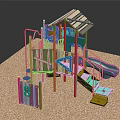 Playground Equipment Featuring Green Slide Wooden Climbing Structure Red Yellow Frames And Platform Steps