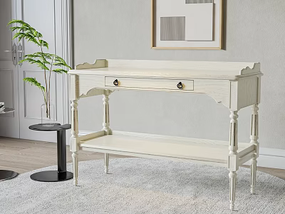 Elegant White Flower Stand With Carved Legs And Drawer In Living Room Interior 3d model