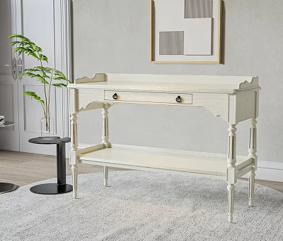 Elegant White Flower Stand With Carved Legs And Drawer In Living Room Interior 3d model