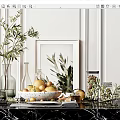 Elegant Decorative Ornament Set With Olive Branches Oranges Glass Vases Picture Frame On Marble Countertop