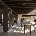 Book Art Inspired Library Interior With Wooden Beam Ceiling And Reading Tables