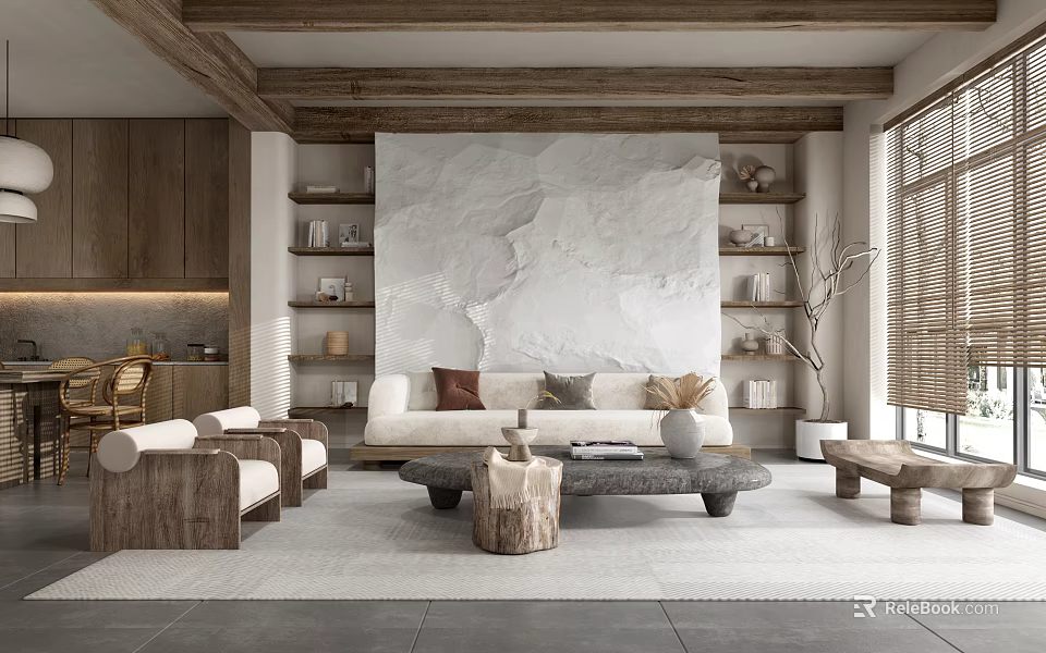 Modern Open Concept Dining Living Room With Wooden Ceiling White Sofa And Marble Accent Wall 3d model 
