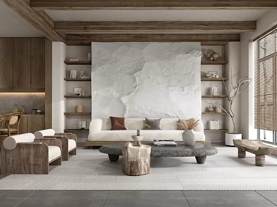 Modern Open Concept Dining Living Room With Wooden Ceiling White Sofa And Marble Accent Wall 3d model