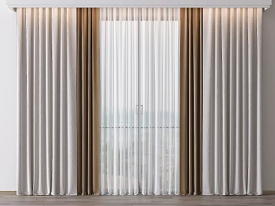 Modern Curtain Design With White Sheer And Brown Linen Panels For Window Decoration 3d model