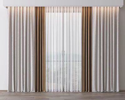 Modern Curtain Design With White Sheer And Brown Linen Panels For Window Decoration 3d model