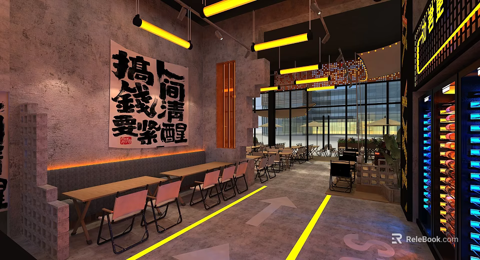 Industrial Bar With Gray Wall Yellow Pendant Lights Long Tables Chairs Large Windows Floor Arrows 3d model 