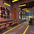 Industrial Bar With Gray Wall Yellow Pendant Lights Long Tables Chairs Large Windows Floor Arrows