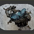 Wooden Tree Trunk Sculpture With Blue Cat Figure And Stone Base Decor