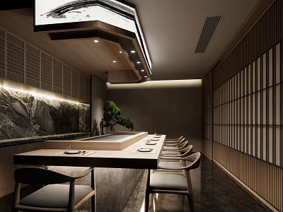 Traditional Japanese Restaurant Interior With Sushi Bar Counter Wooden Panels And Warm Lighting 3d model