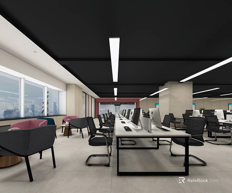 Modern Public Office Interior Design With Long Desks Computers Chairs And City View Windows 3d model 