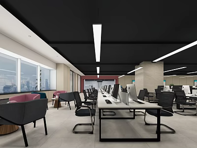 Modern Public Office Interior Design With Long Desks Computers Chairs And City View Windows 3d model