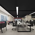 Modern Public Office Interior Design With Long Desks Computers Chairs And City View Windows