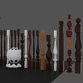 Various Wooden Balusters With Decorative Designs And Different Color Finishes