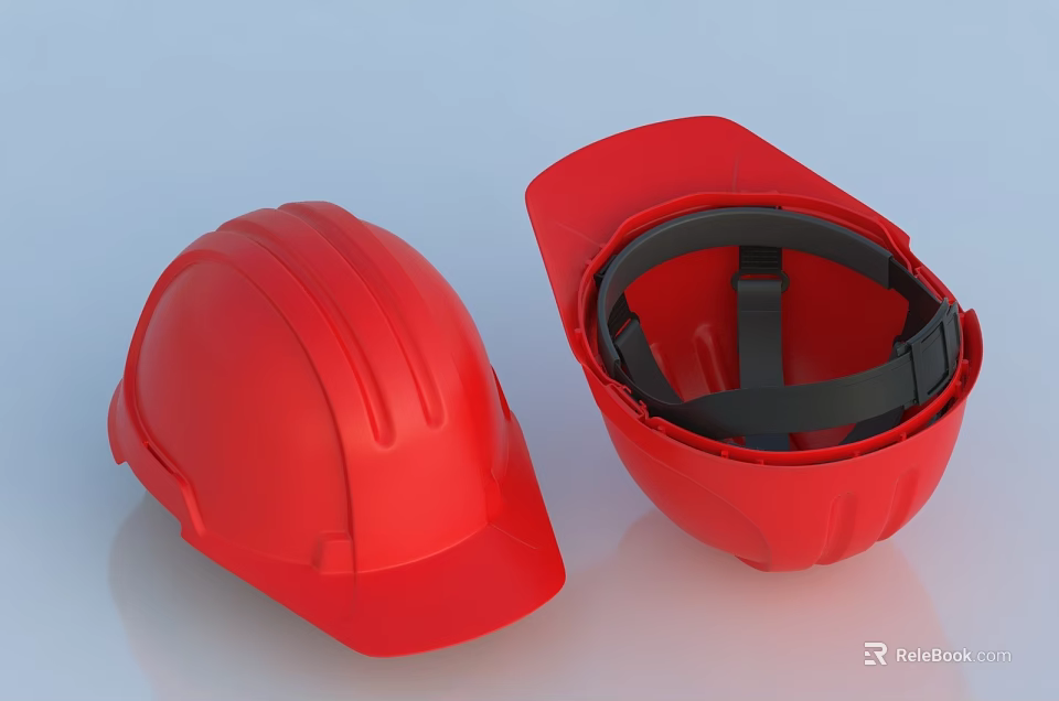 Two Red Safety Helmets Showing Open And Closed Positions With Interior Straps 3d model 