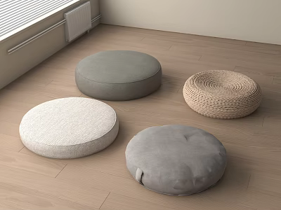 Comfortable Round Floor Cushions in Gray White and Woven Beige on Wooden Floor 3d model