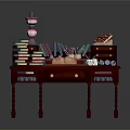 Red Wooden Desk With Stacked Books Open Book Colorful Stationery And Lamp